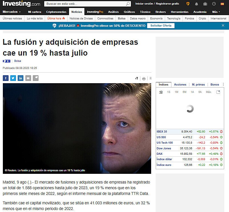 La fusin y adquisicin de empresas cae un 19 % hasta julio